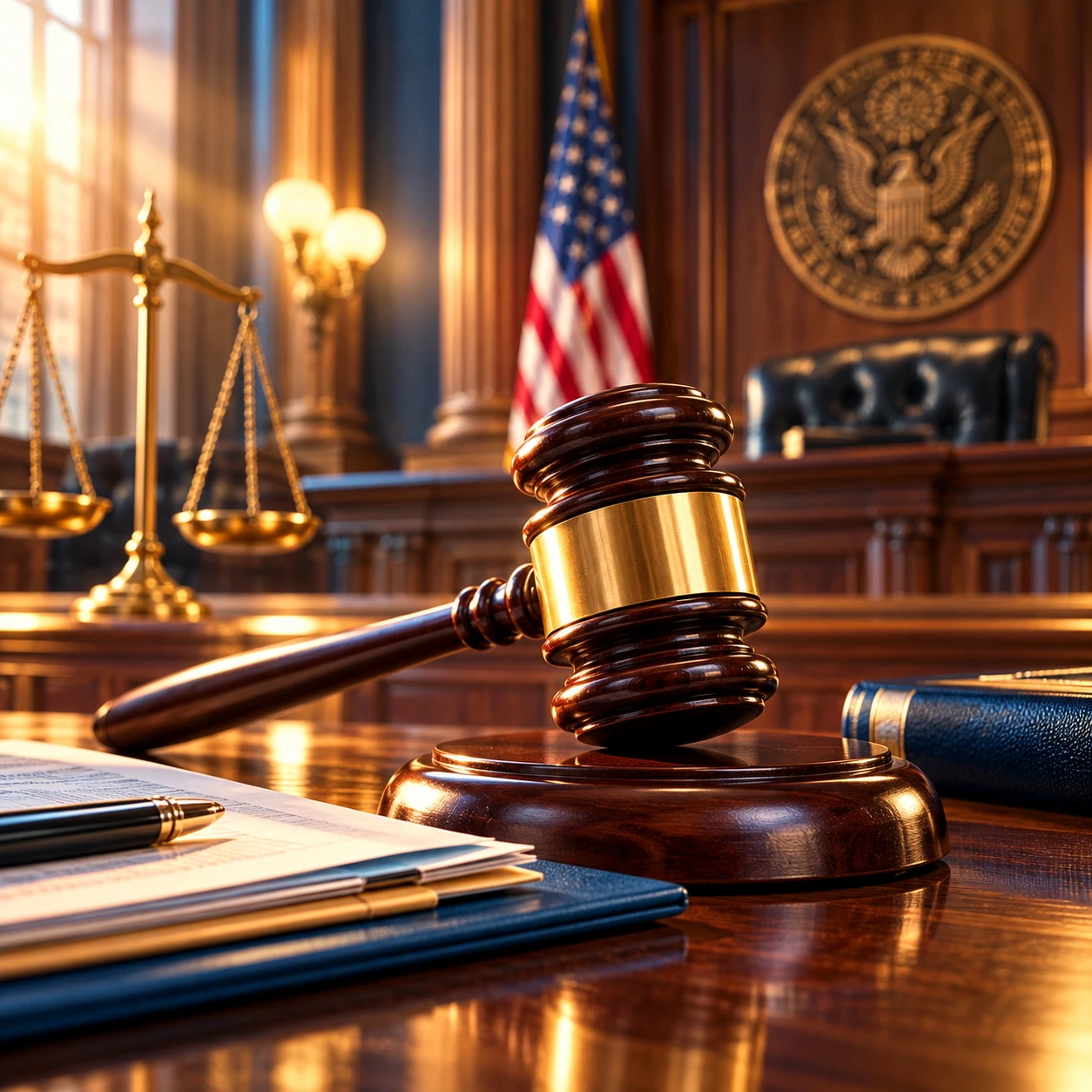 Mazo judicial y documentos sobre una mesa