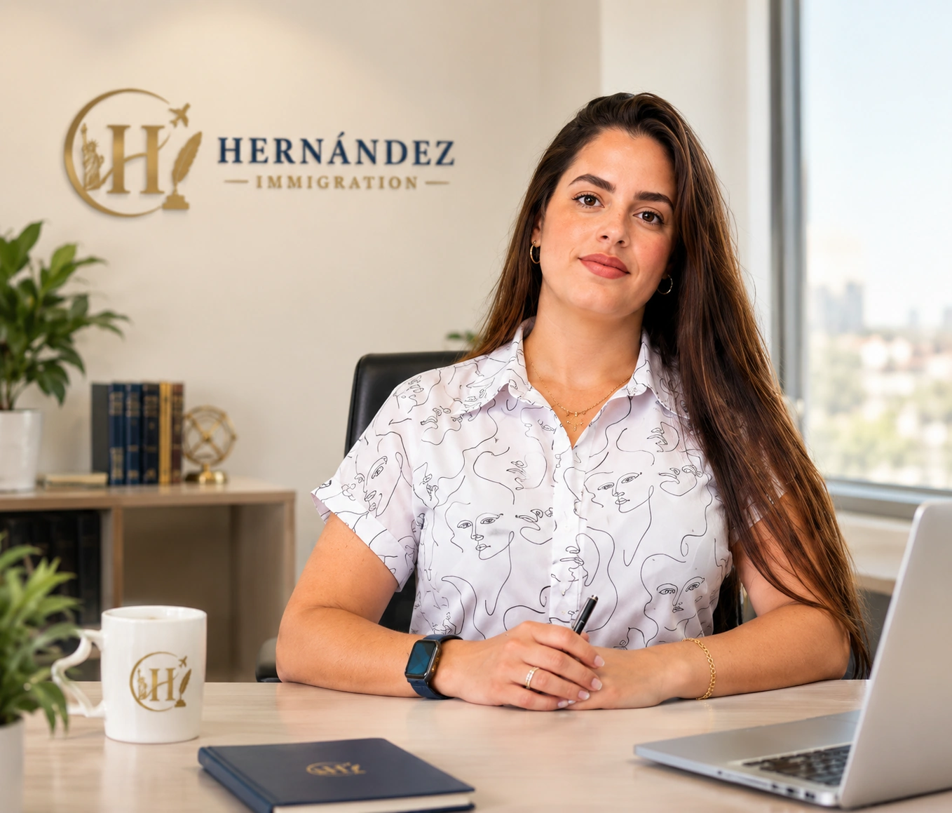 Sayide Hernández sonriendo en su escritorio de oficina