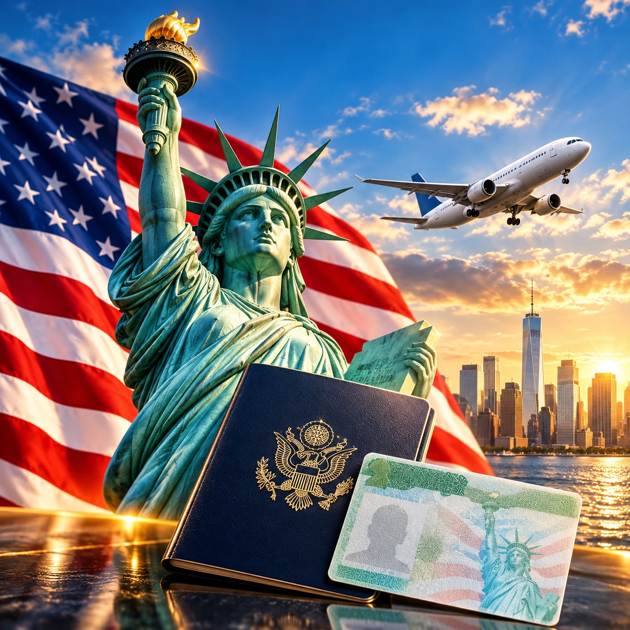 Pasaporte y documentos junto a la Estatua de la Libertad