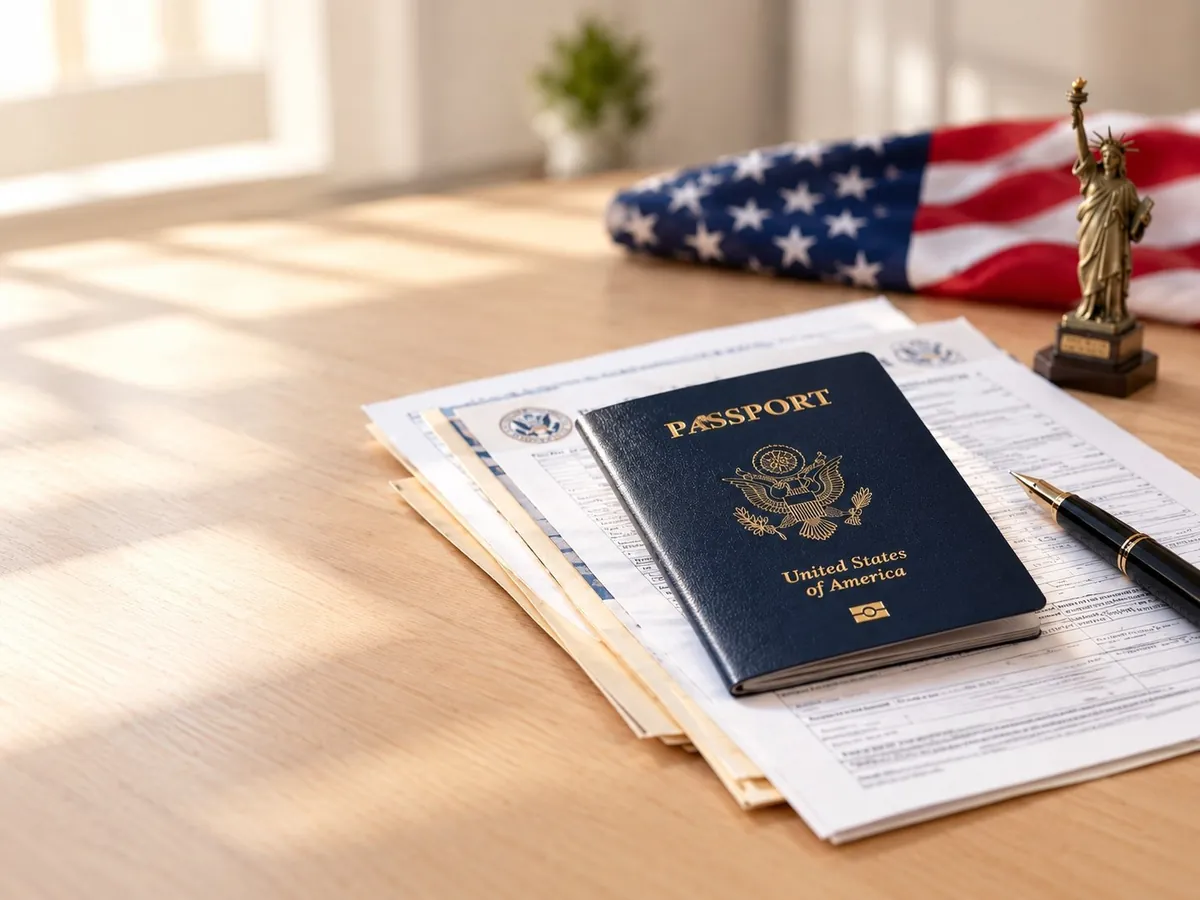 Pasaporte americano y documentos migratorios sobre un escritorio